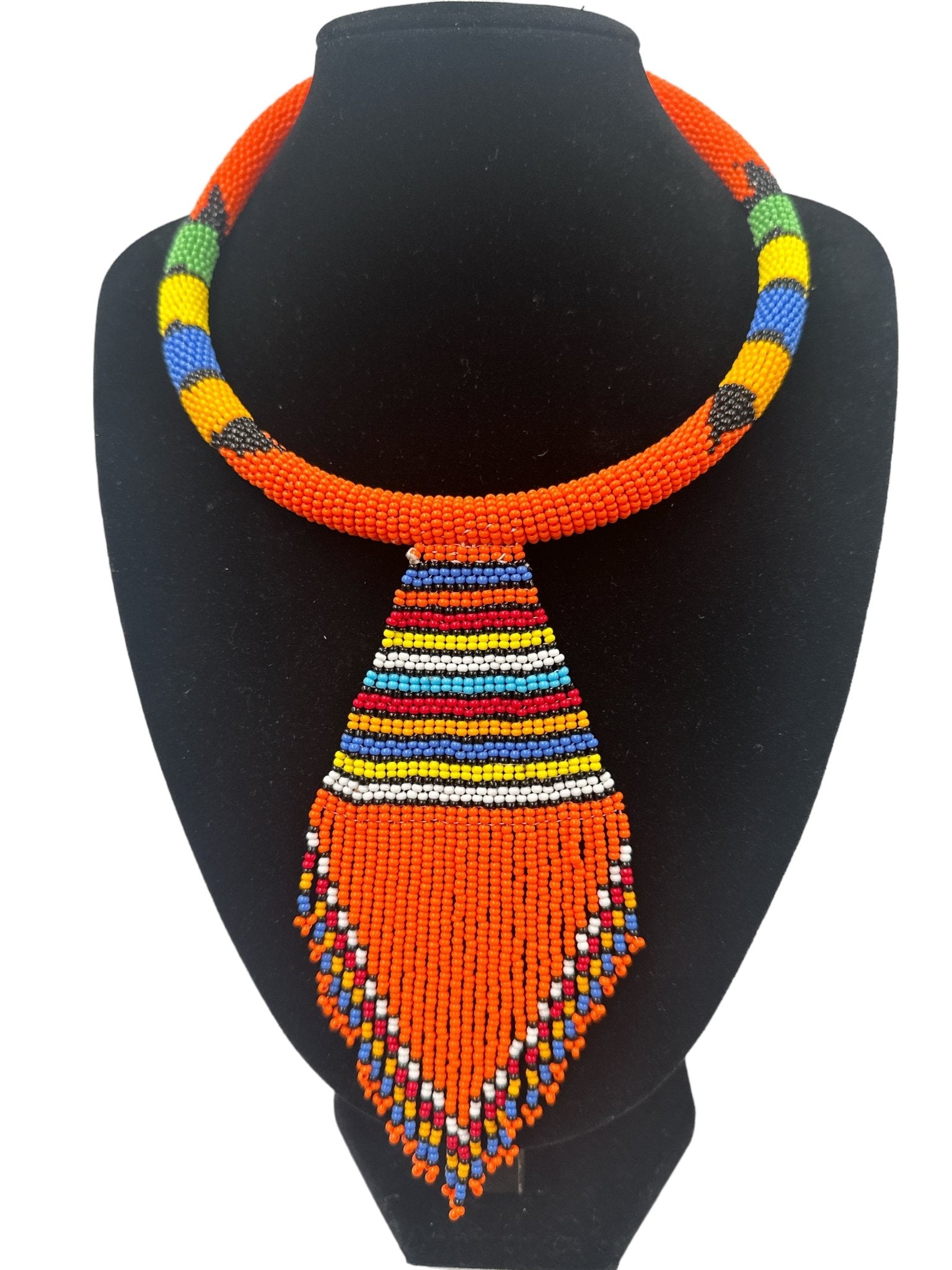 Authentic African Zulu Inspired Orange Beaded Pendant Tassel Necklace - Fatisha Boutique