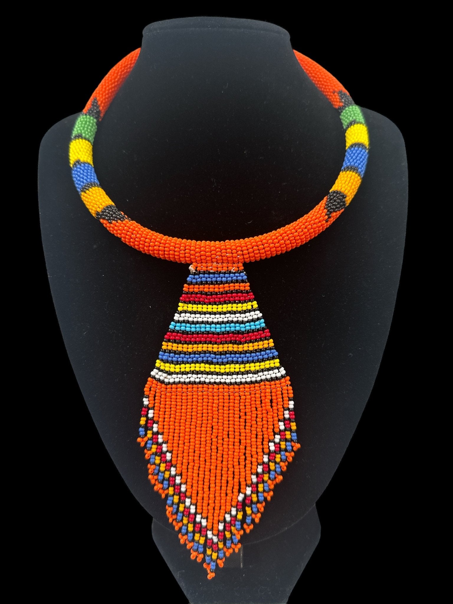 Authentic African Zulu Inspired Orange Beaded Pendant Tassel Necklace - Fatisha Boutique