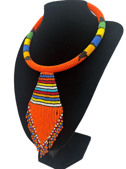 Authentic African Zulu Inspired Orange Beaded Pendant Tassel Necklace - Fatisha Boutique