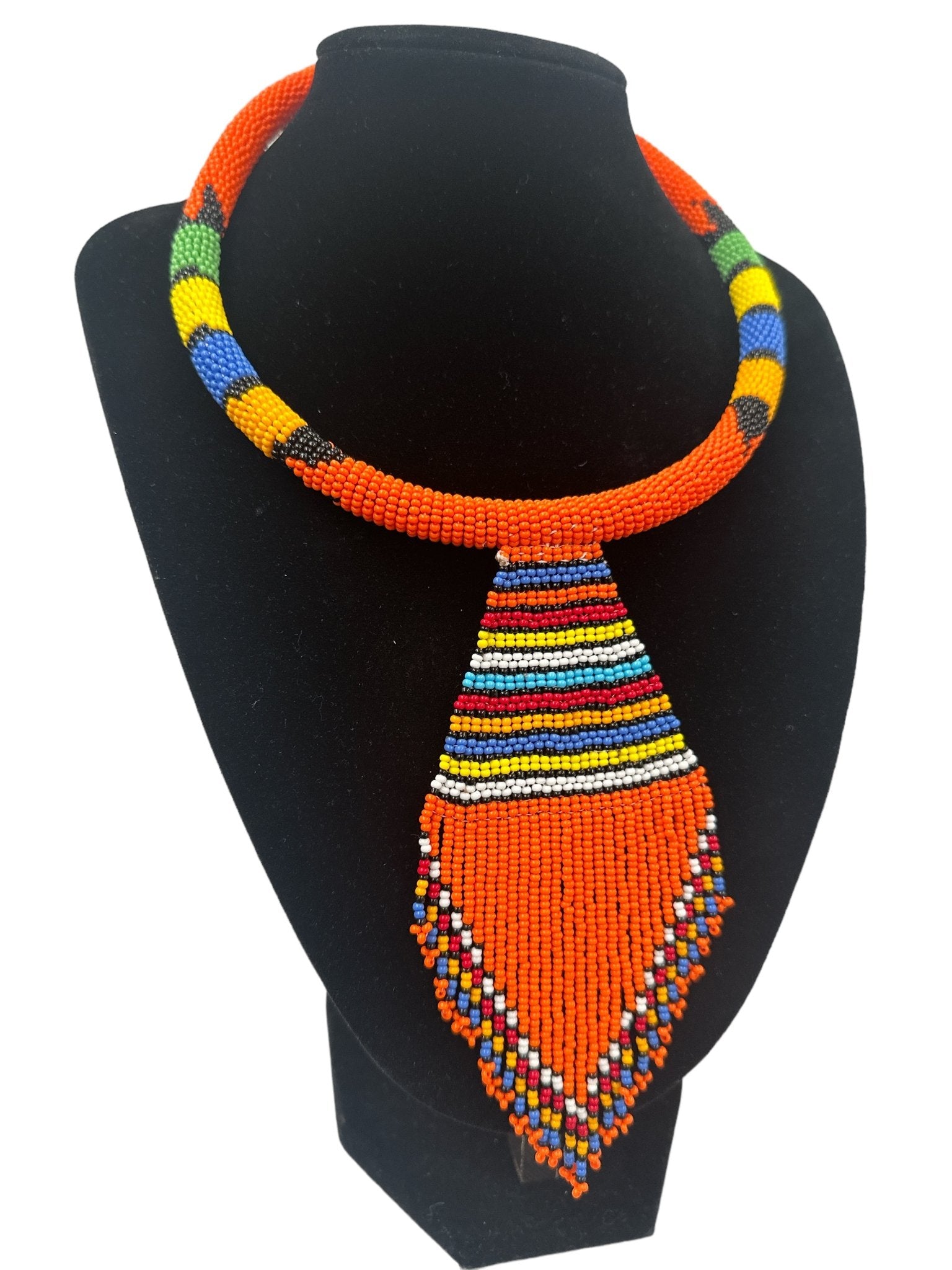 Authentic African Zulu Inspired Orange Beaded Pendant Tassel Necklace - Fatisha Boutique