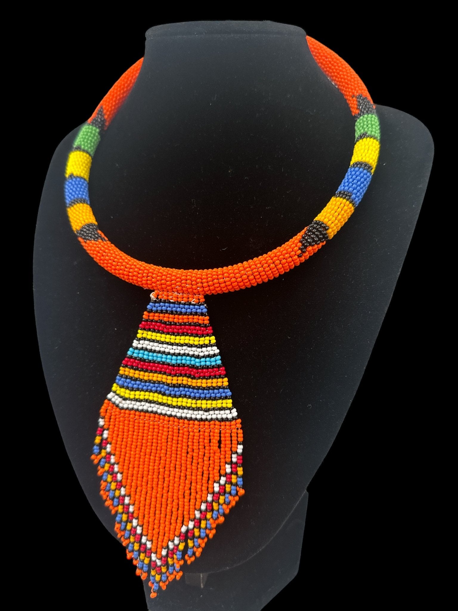 Authentic African Zulu Inspired Orange Beaded Pendant Tassel Necklace - Fatisha Boutique