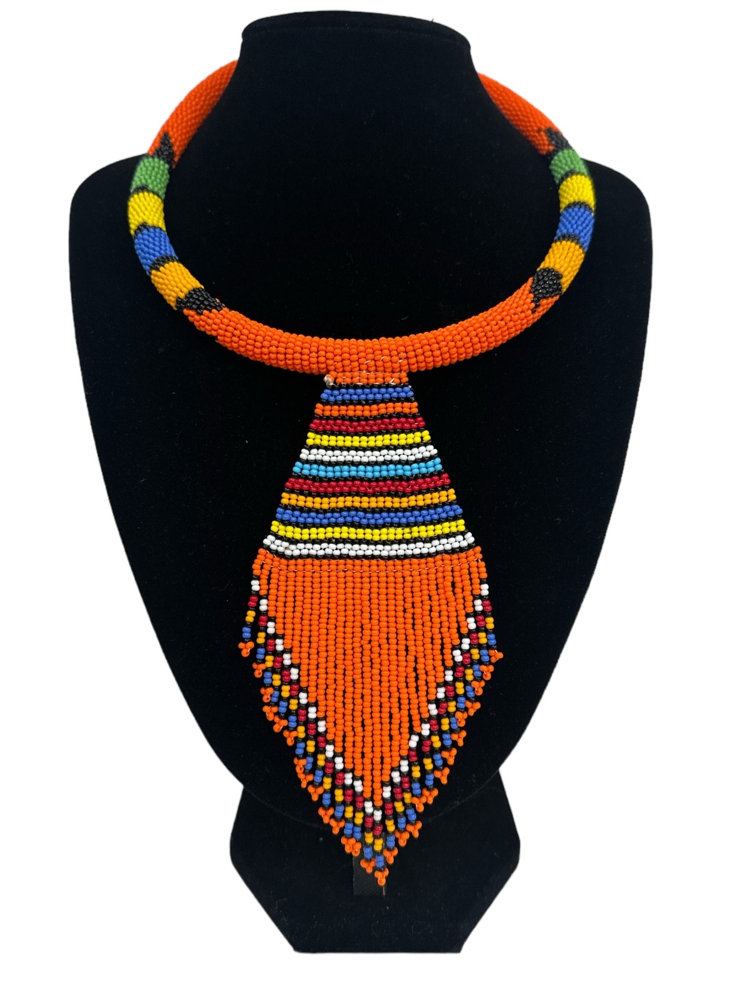 Authentic African Zulu Inspired Orange Beaded Pendant Tassel Necklace - Fatisha Boutique