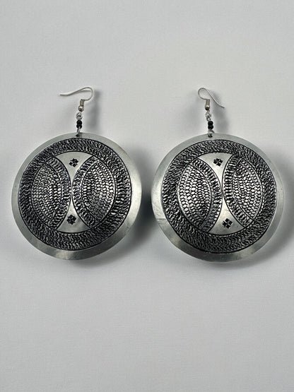 Authentic Engraved Silver Aluminium Lightweight Round Dangle Earrings - Fatisha Boutique
