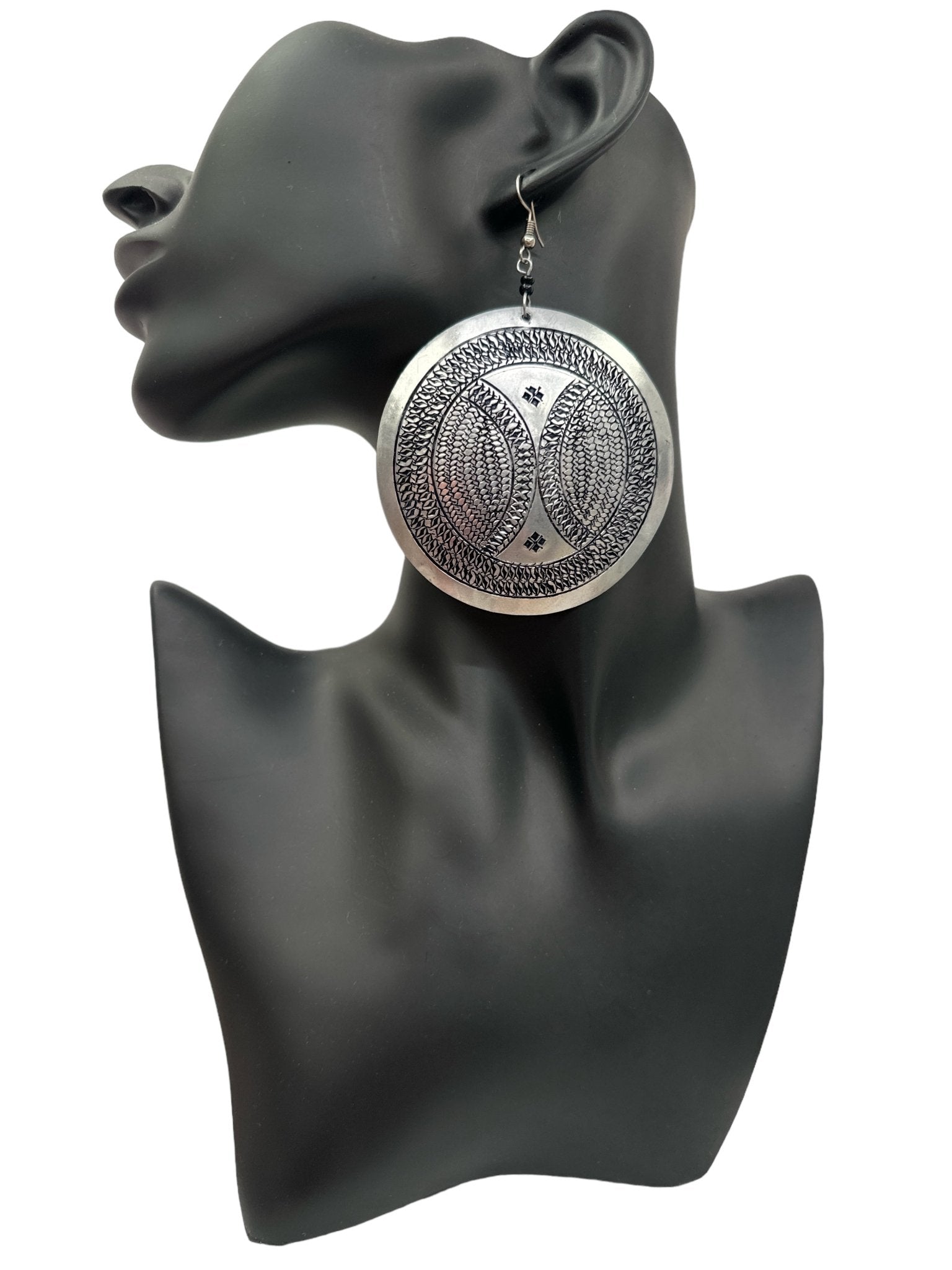 Authentic Engraved Silver Aluminium Lightweight Round Dangle Earrings - Fatisha Boutique