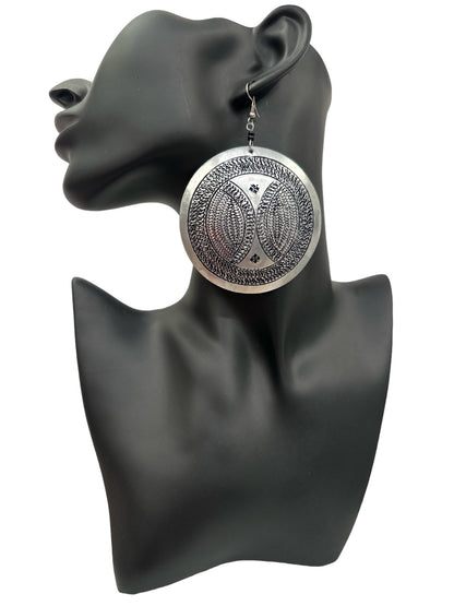 Authentic Engraved Silver Aluminium Lightweight Round Dangle Earrings - Fatisha Boutique