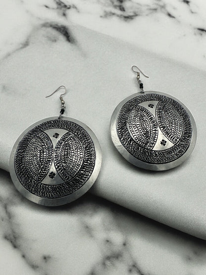 Authentic Engraved Silver Aluminium Lightweight Round Dangle Earrings - Fatisha Boutique