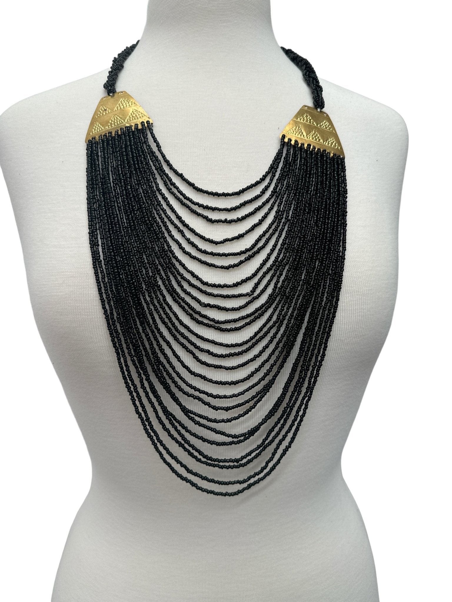 Authentic Long Black Beaded Brass Pendant Ethnic Necklace - Fatisha Boutique