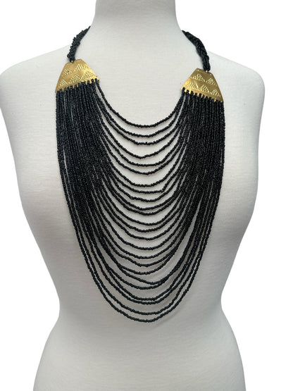 Authentic Long Black Beaded Brass Pendant Ethnic Necklace - Fatisha Boutique