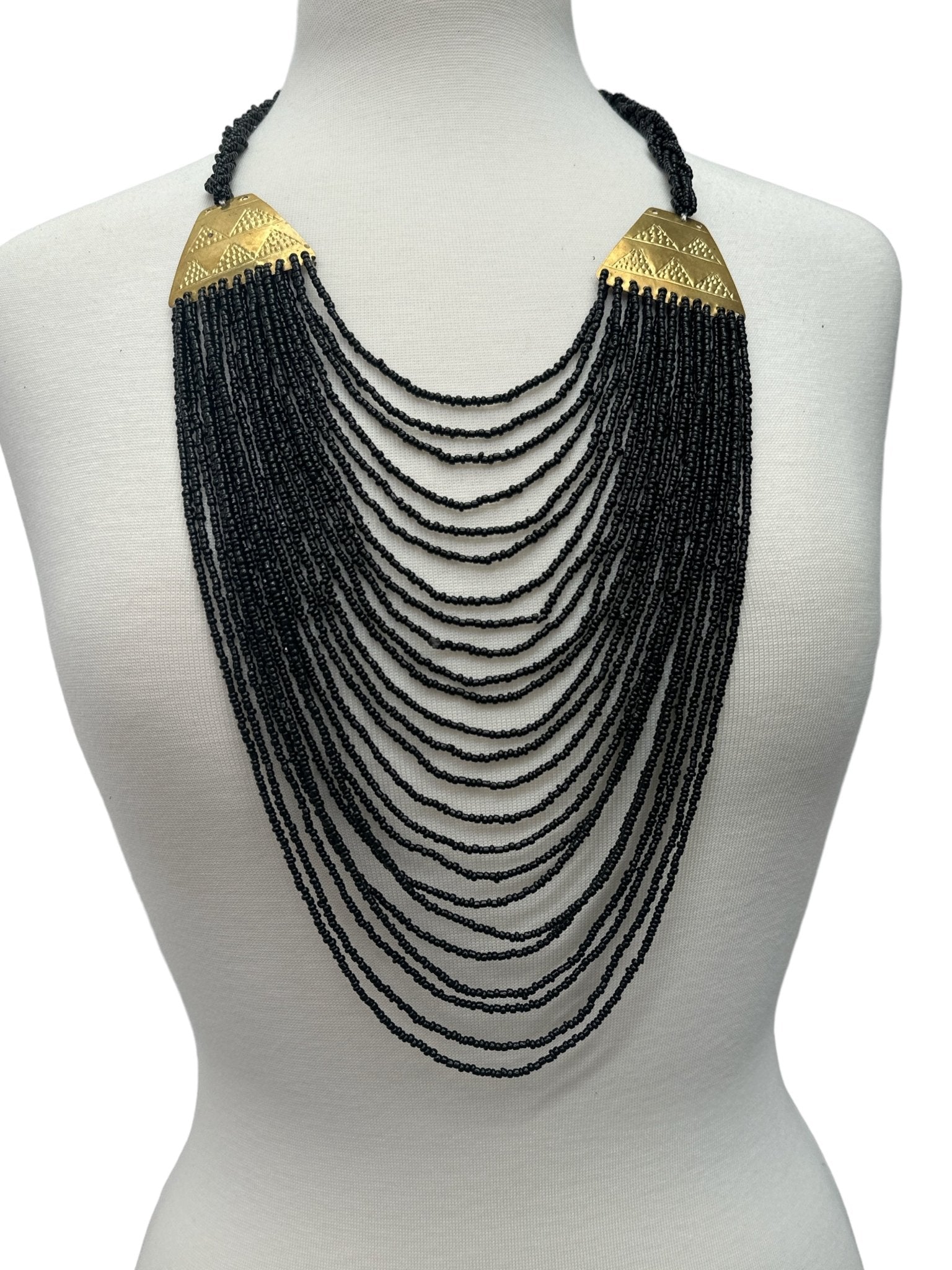 Authentic Long Black Beaded Brass Pendant Ethnic Necklace - Fatisha Boutique