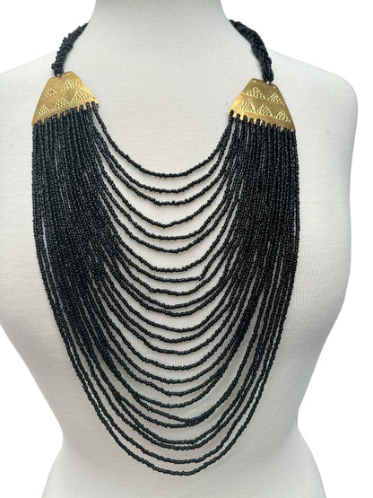 Authentic Long Black Beaded Brass Pendant Ethnic Necklace - Fatisha Boutique