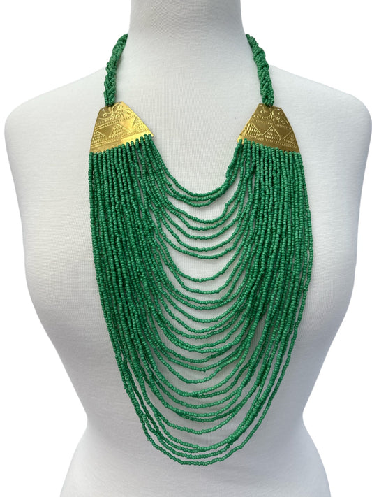 Authentic Long Green Beaded Brass Pendant Ethnic Necklace - Fatisha Boutique