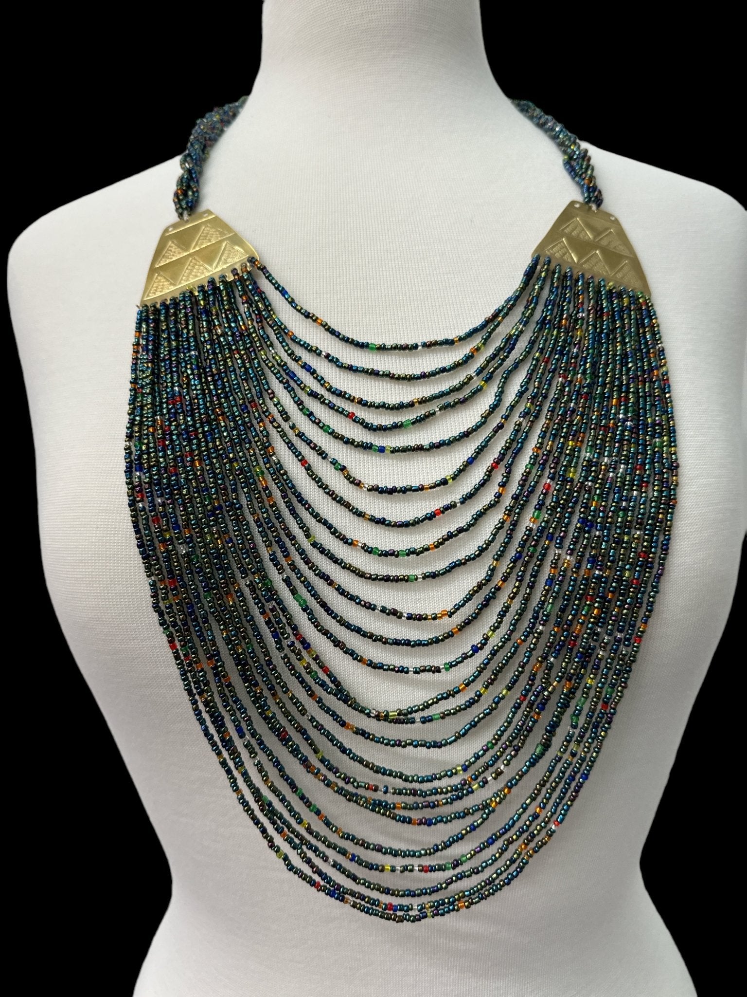 Authentic Long Multicolour Green Beaded Brass Pendant Ethnic Necklace - Fatisha Boutique