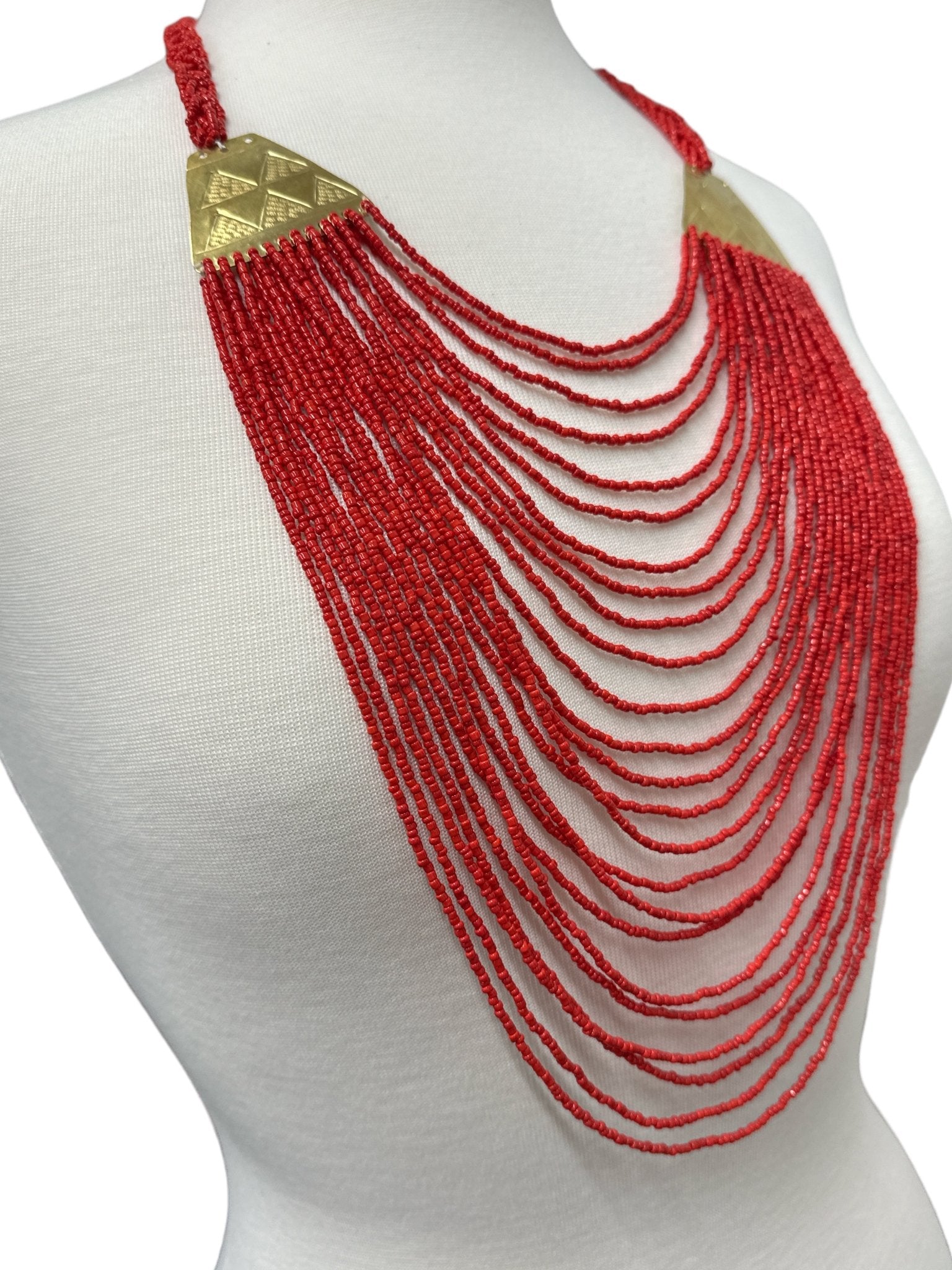 Authentic Long Red Beaded Brass Pendant Ethnic Necklace - Fatisha Boutique