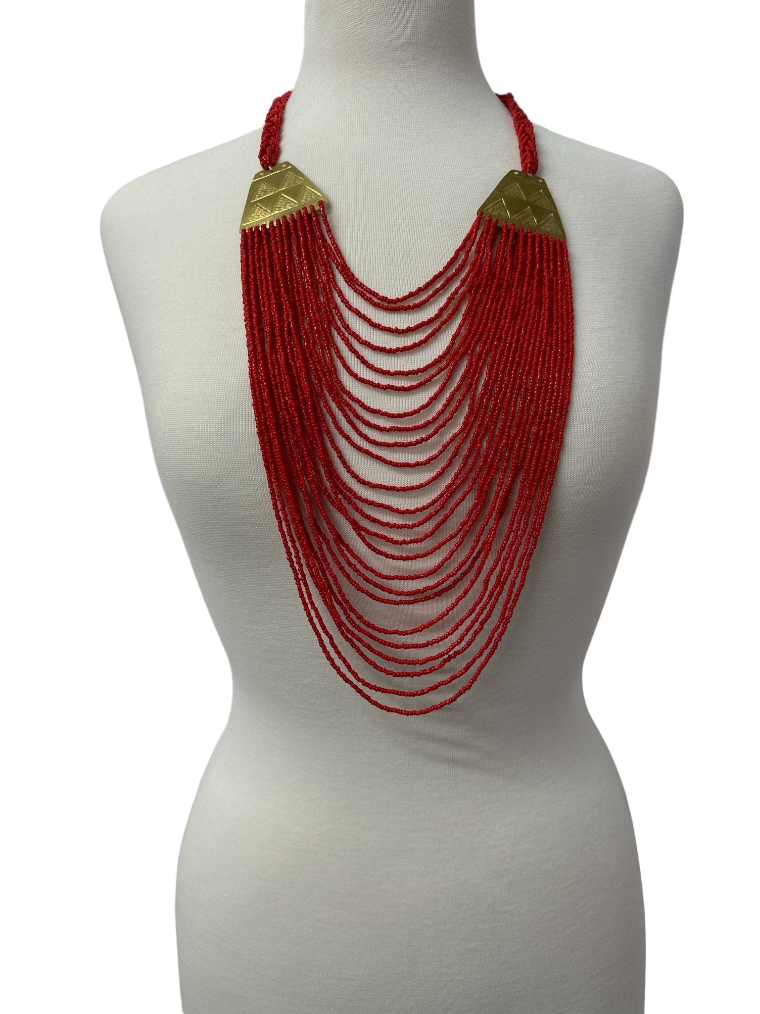 Authentic Long Red Beaded Brass Pendant Ethnic Necklace - Fatisha Boutique