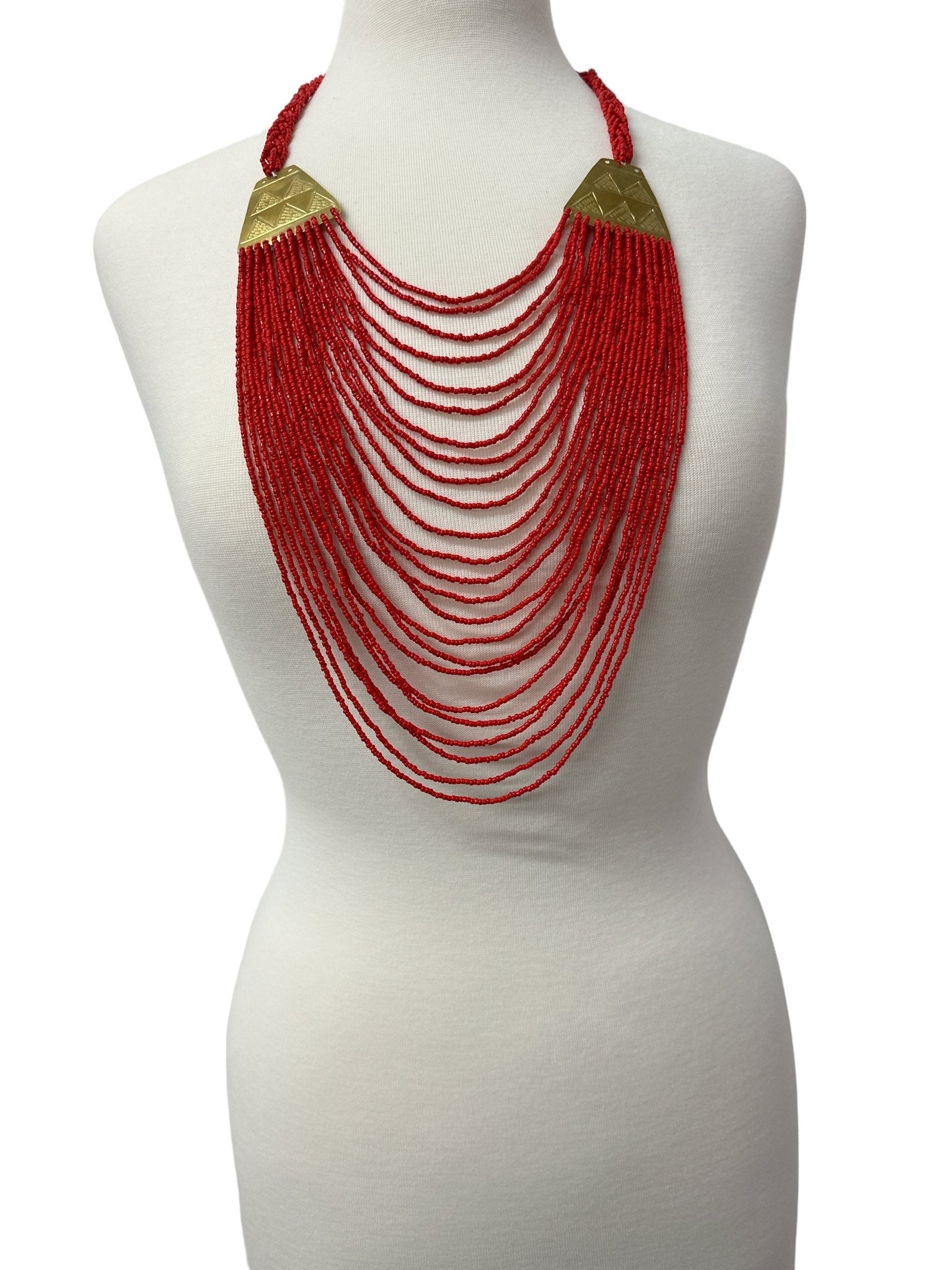 Authentic Long Red Beaded Brass Pendant Ethnic Necklace - Fatisha Boutique