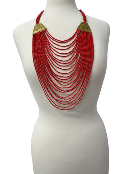 Authentic Long Red Beaded Brass Pendant Ethnic Necklace - Fatisha Boutique