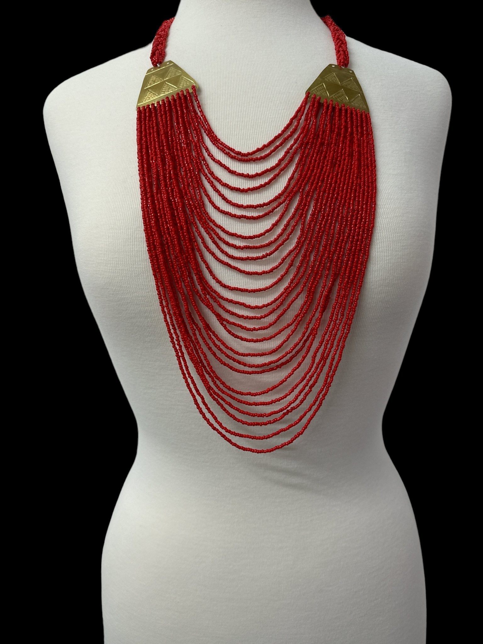 Authentic Long Red Beaded Brass Pendant Ethnic Necklace - Fatisha Boutique