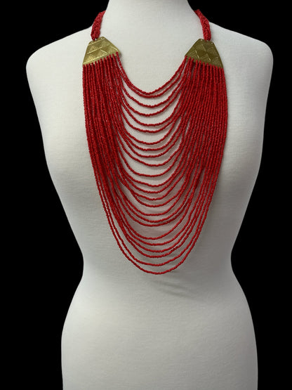 Authentic Long Red Beaded Brass Pendant Ethnic Necklace - Fatisha Boutique