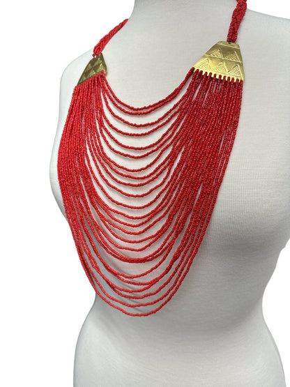 Authentic Long Red Beaded Brass Pendant Ethnic Necklace - Fatisha Boutique