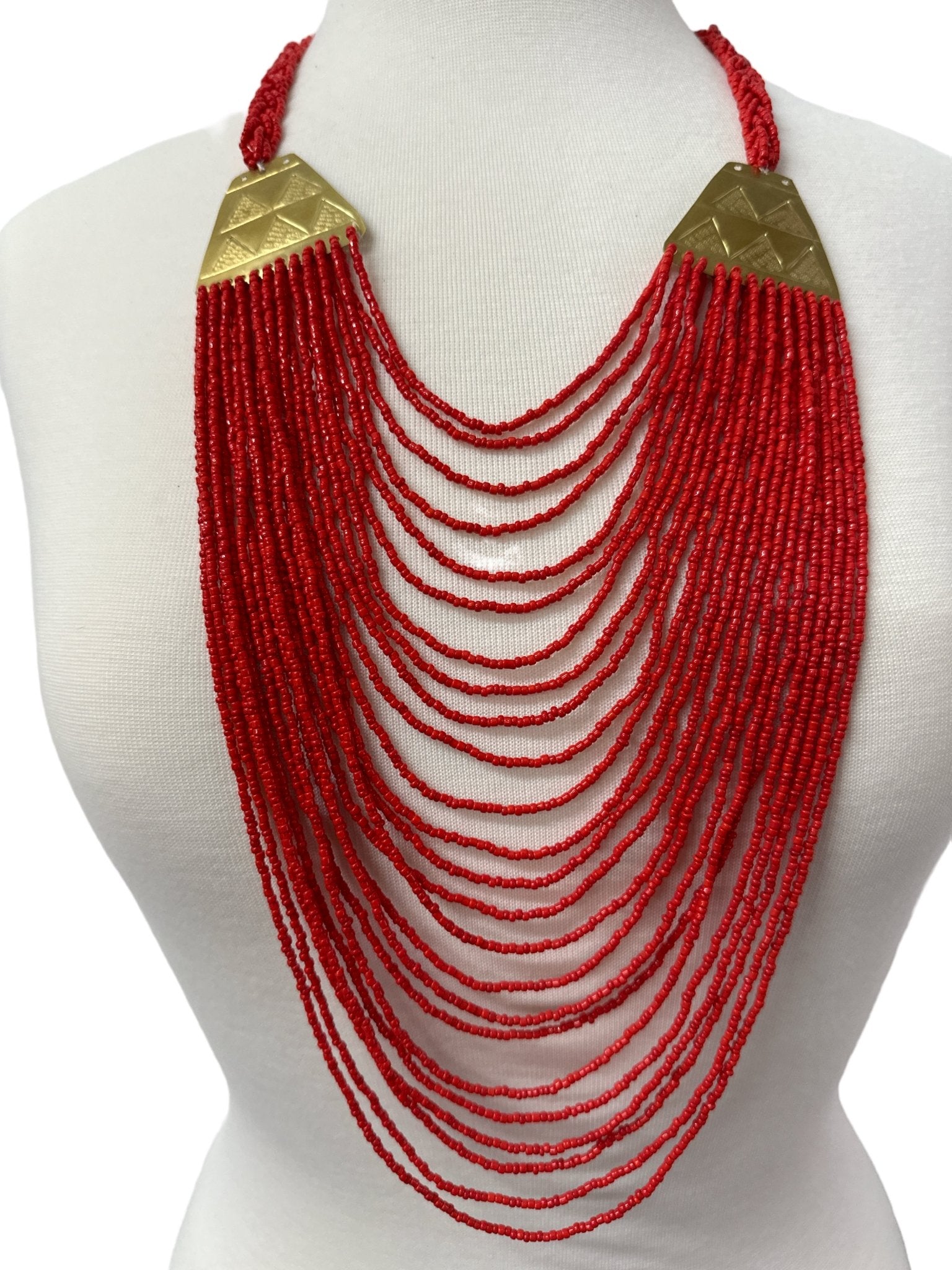 Authentic Long Red Beaded Brass Pendant Ethnic Necklace - Fatisha Boutique