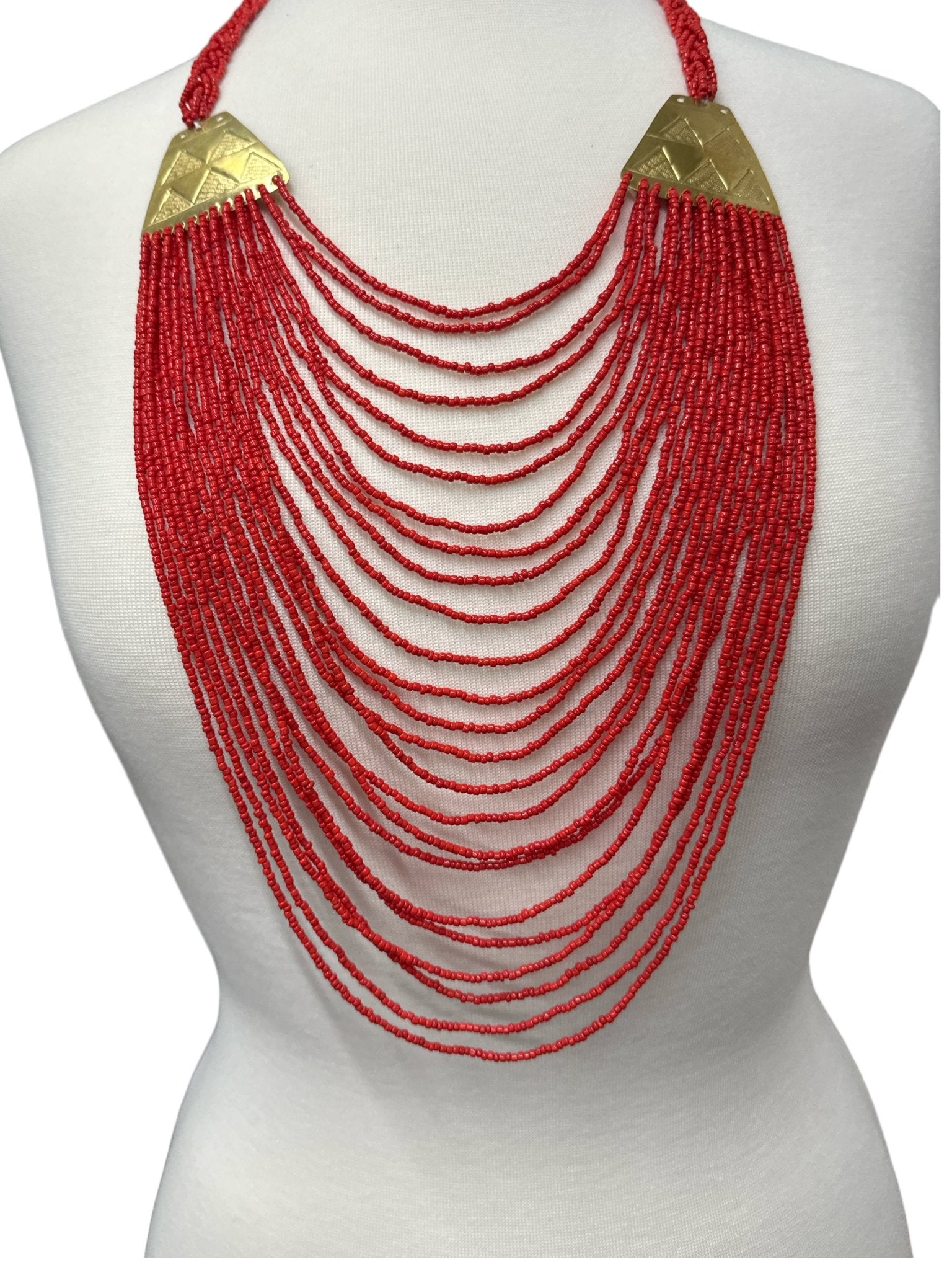 Authentic Long Red Beaded Brass Pendant Ethnic Necklace - Fatisha Boutique