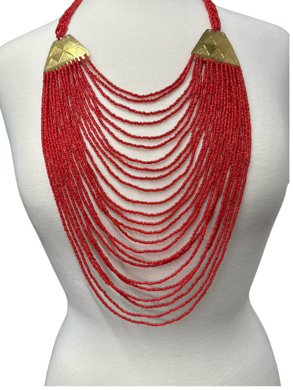 Authentic Long Red Beaded Brass Pendant Ethnic Necklace - Fatisha Boutique