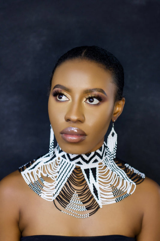 Authentic Maasai Zulu Black White Tribal Ethnic Beaded Collar Choker Necklace - Fatisha Boutique