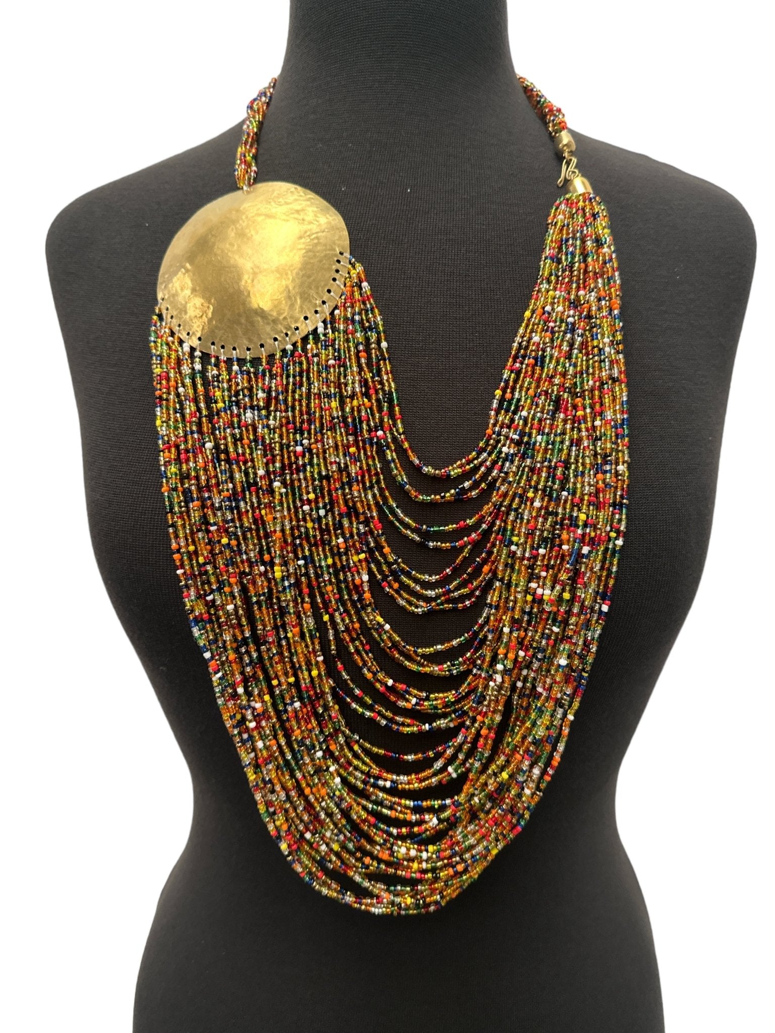 Authentic Multicolour African Beaded Brass Disc Pendant Necklace Jewellery - Fatisha Boutique