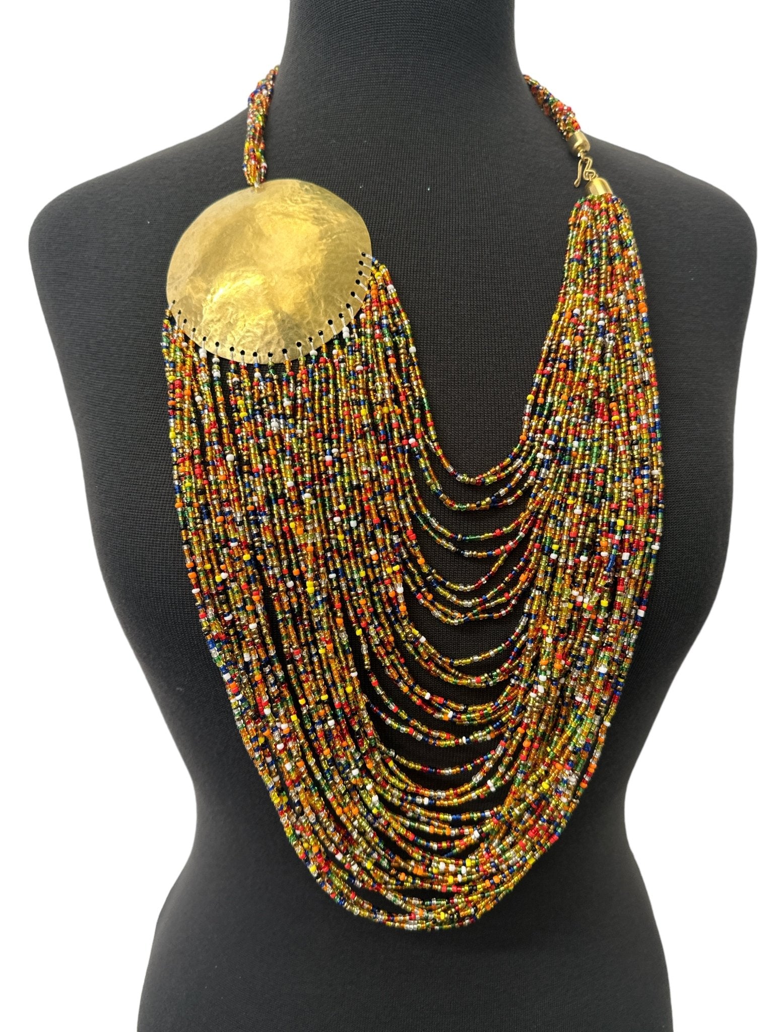 Authentic Multicolour African Beaded Brass Disc Pendant Necklace Jewellery - Fatisha Boutique
