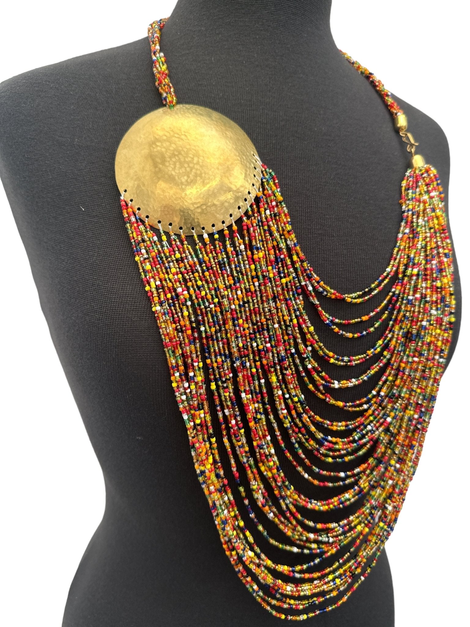 Authentic Multicolour African Beaded Brass Disc Pendant Necklace Jewellery - Fatisha Boutique