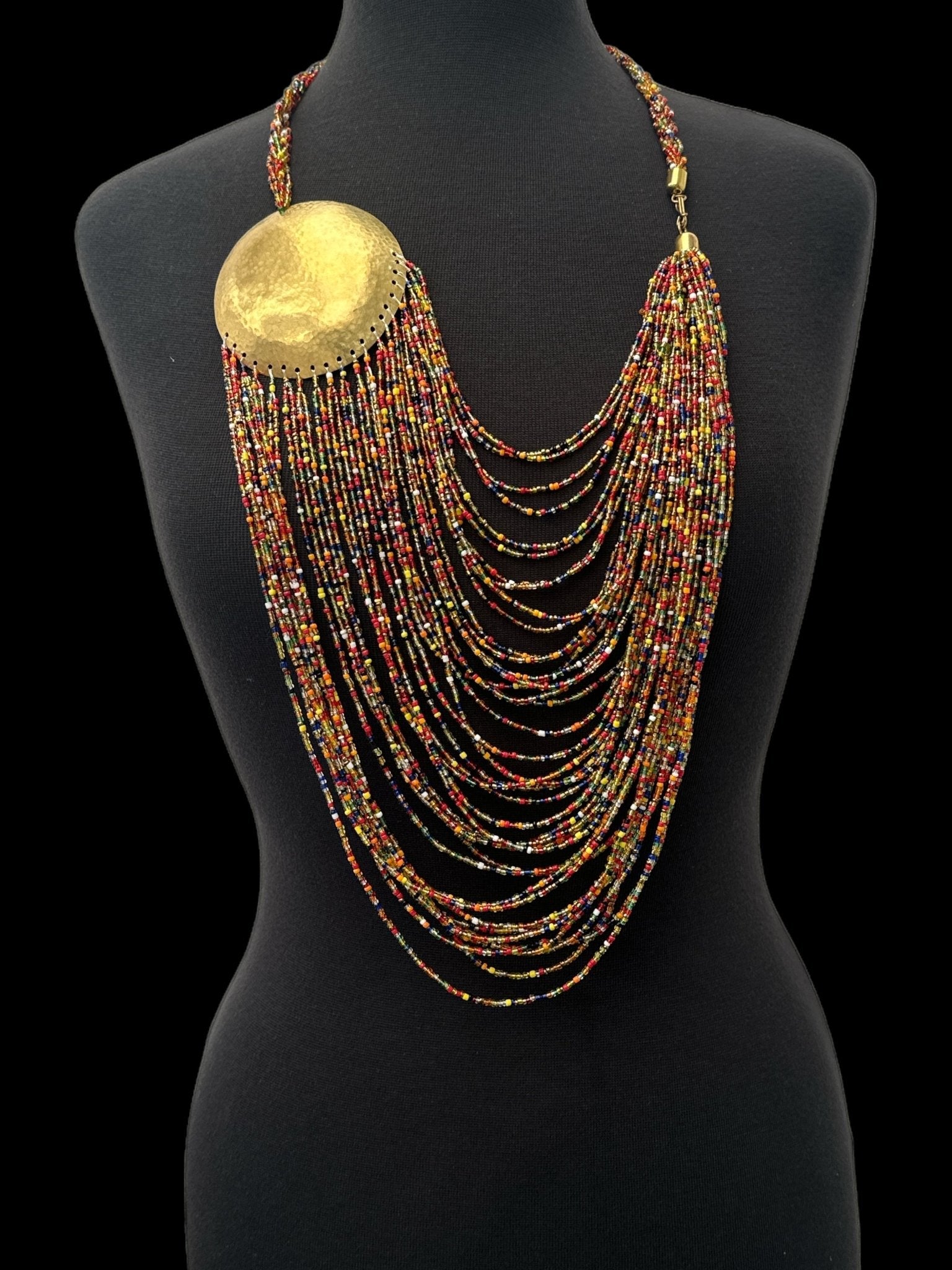 Authentic Multicolour African Beaded Brass Disc Pendant Necklace Jewellery - Fatisha Boutique