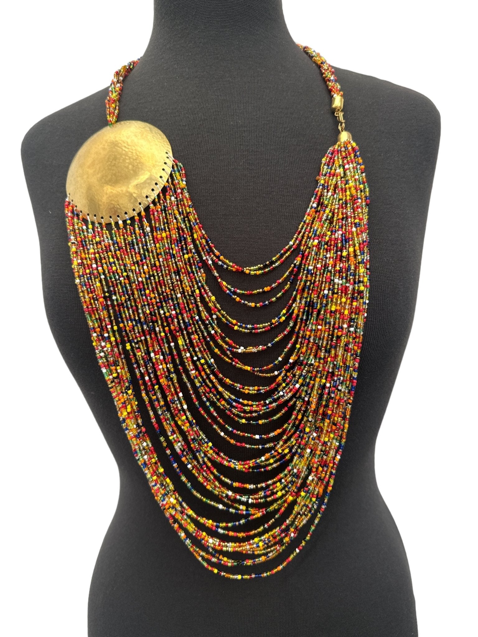 Authentic Multicolour African Beaded Brass Disc Pendant Necklace Jewellery - Fatisha Boutique