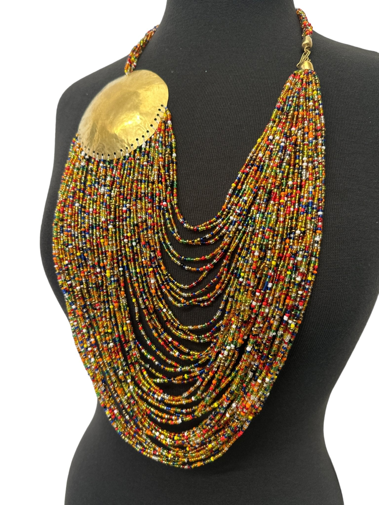 Authentic Multicolour African Beaded Brass Disc Pendant Necklace Jewellery - Fatisha Boutique