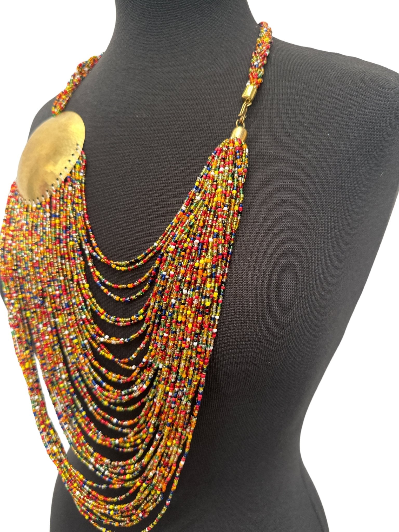 Authentic Multicolour African Beaded Brass Disc Pendant Necklace Jewellery - Fatisha Boutique