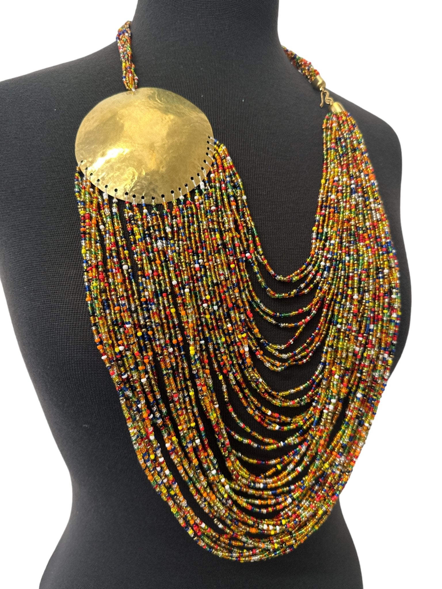 Authentic Multicolour African Beaded Brass Disc Pendant Necklace Jewellery - Fatisha Boutique