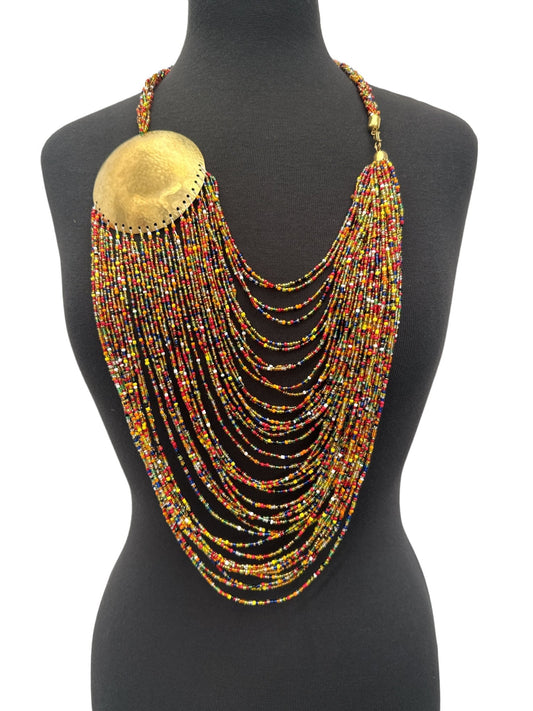 Authentic Multicolour African Beaded Brass Disc Pendant Necklace Jewellery - Fatisha Boutique