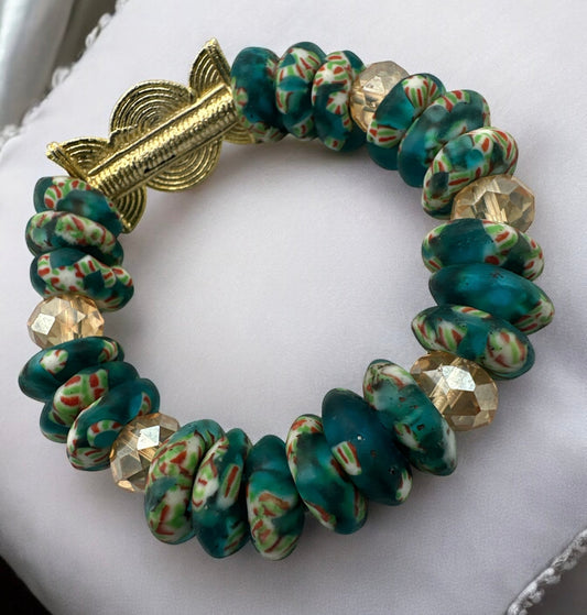 Authentic West Africa Elasticity Green Krobo Beads Brass Ethnic Bracelet - Fatisha Boutique