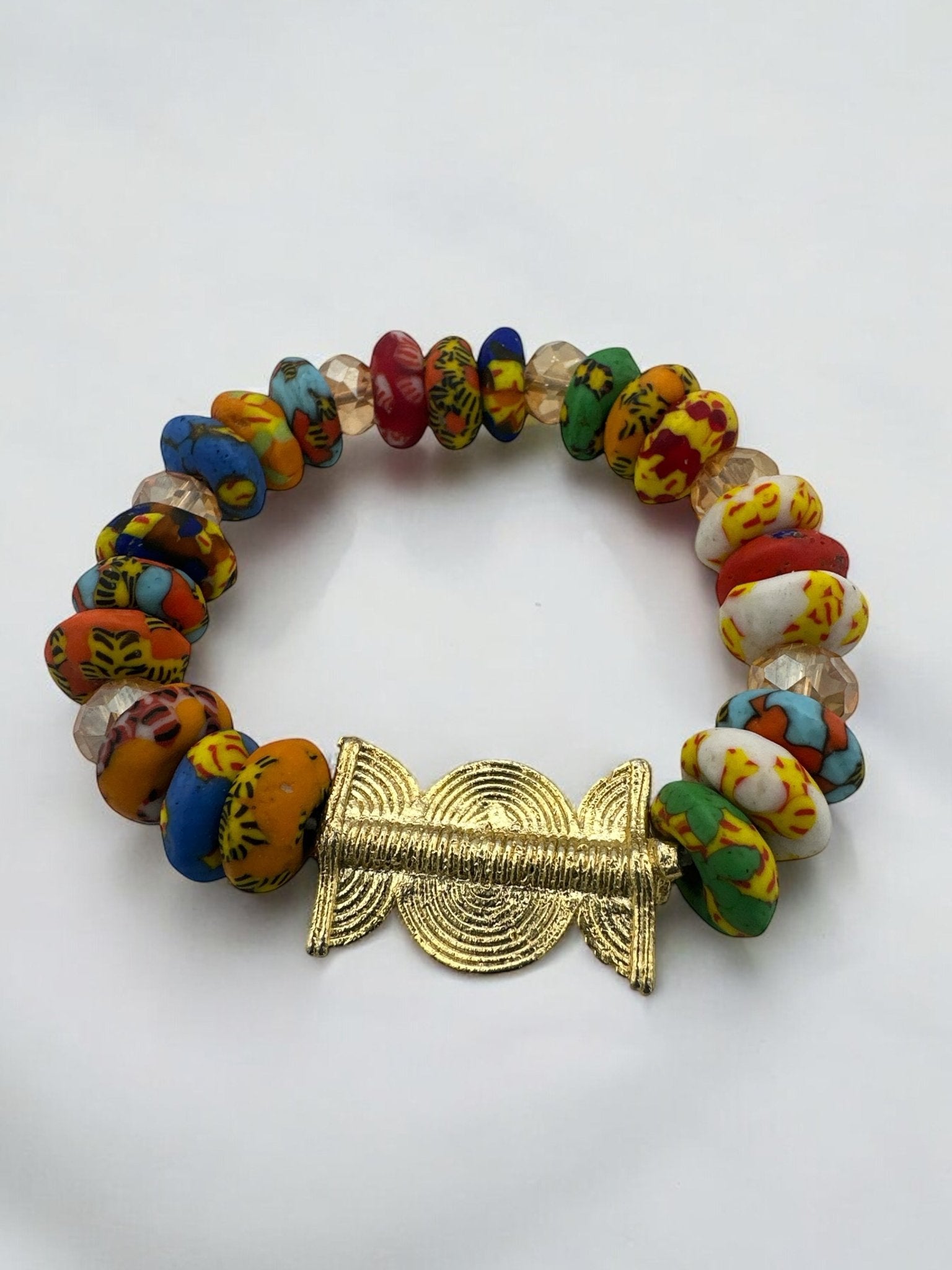 Authentic West Africa Elasticity Multicolour Krobo Beads Brass Ethnic Bracelet - Fatisha Boutique