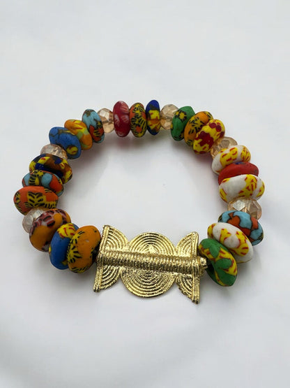Authentic West Africa Elasticity Multicolour Krobo Beads Brass Ethnic Bracelet - Fatisha Boutique