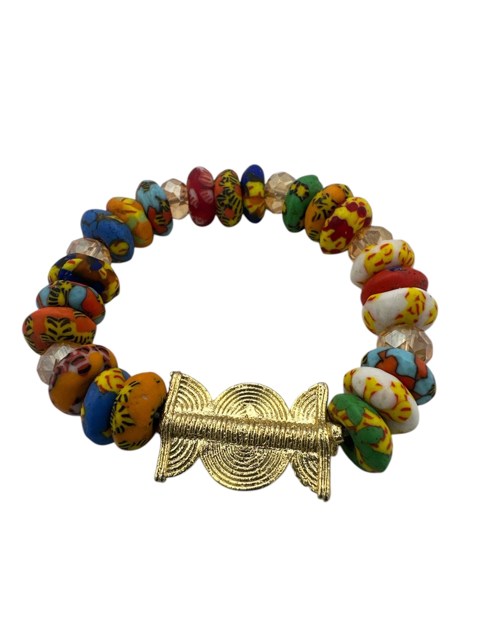 Authentic West Africa Elasticity Multicolour Krobo Beads Brass Ethnic Bracelet - Fatisha Boutique