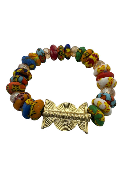 Authentic West Africa Elasticity Multicolour Krobo Beads Brass Ethnic Bracelet - Fatisha Boutique