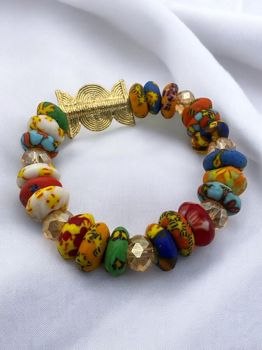 Authentic West Africa Elasticity Multicolour Krobo Beads Brass Ethnic Bracelet - Fatisha Boutique