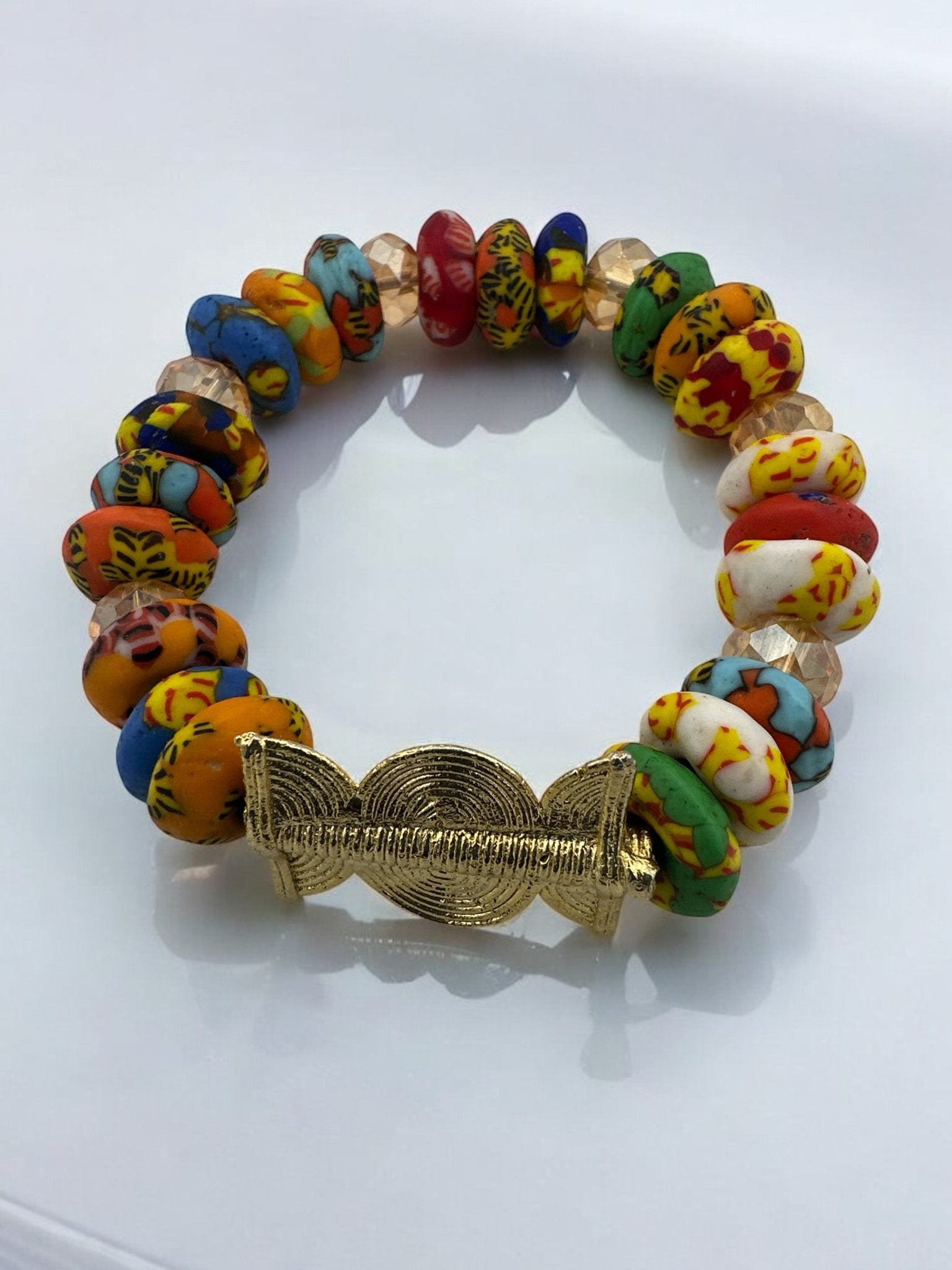 Authentic West Africa Elasticity Multicolour Krobo Beads Brass Ethnic Bracelet - Fatisha Boutique