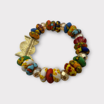 Authentic West Africa Elasticity Multicolour Krobo Beads Brass Ethnic Bracelet - Fatisha Boutique