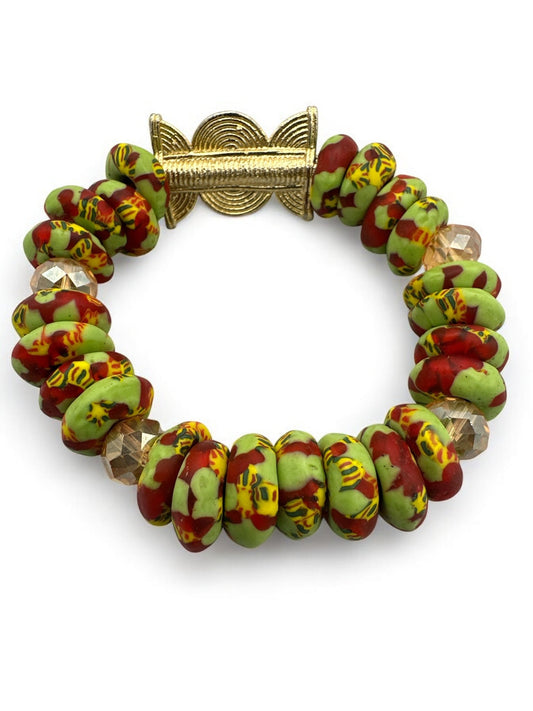 Authentic West Africa Green Multicolour Krobo Beads Brass Ethnic Bangle Bracelet - Fatisha Boutique