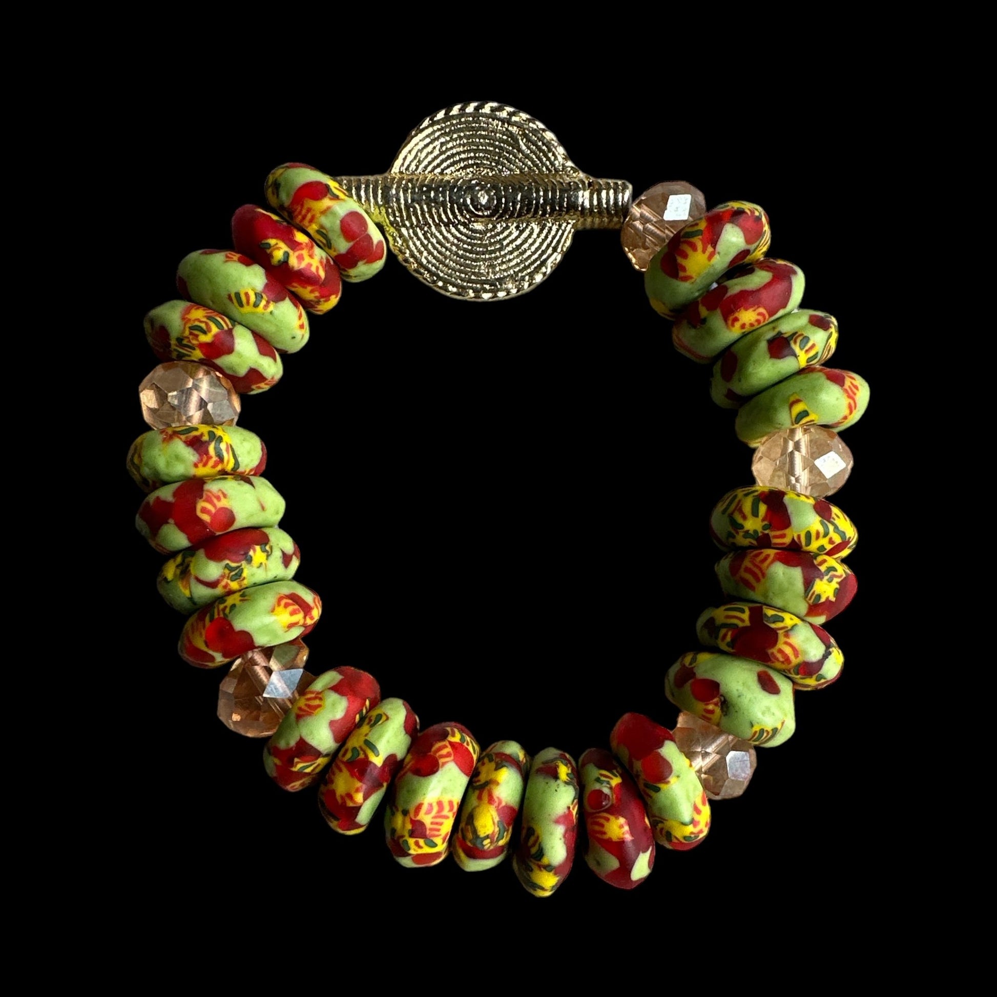 Authentic West Africa Green Multicolour Krobo Beads Brass Ethnic Bangle Bracelet - Fatisha Boutique