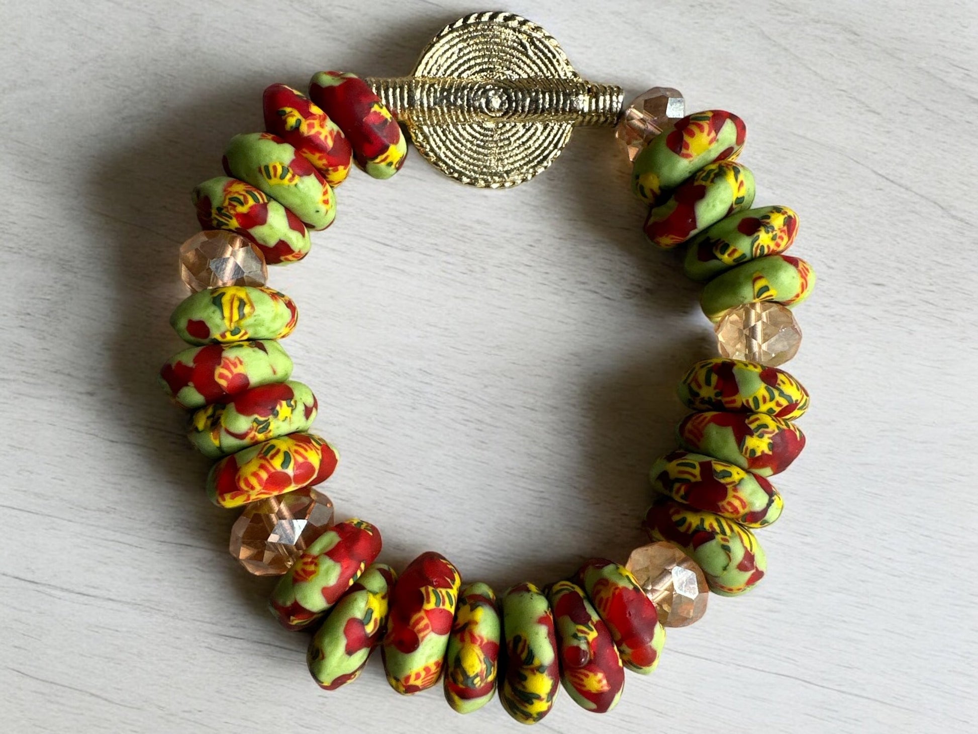 Authentic West Africa Green Multicolour Krobo Beads Brass Ethnic Bangle Bracelet - Fatisha Boutique