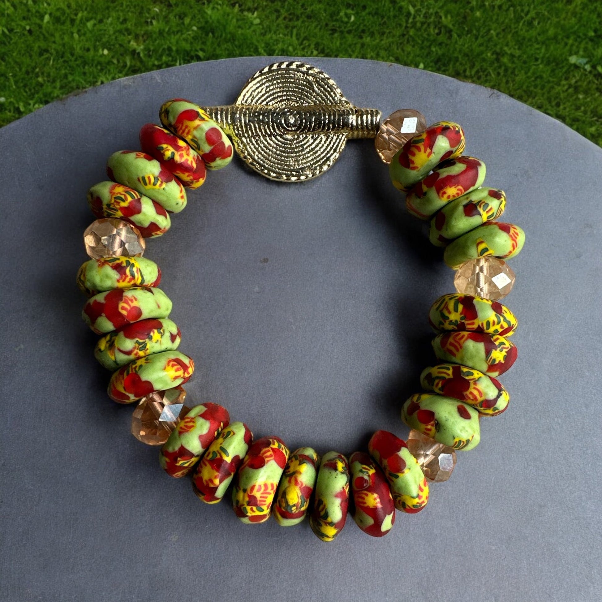 Authentic West Africa Green Multicolour Krobo Beads Brass Ethnic Bangle Bracelet - Fatisha Boutique