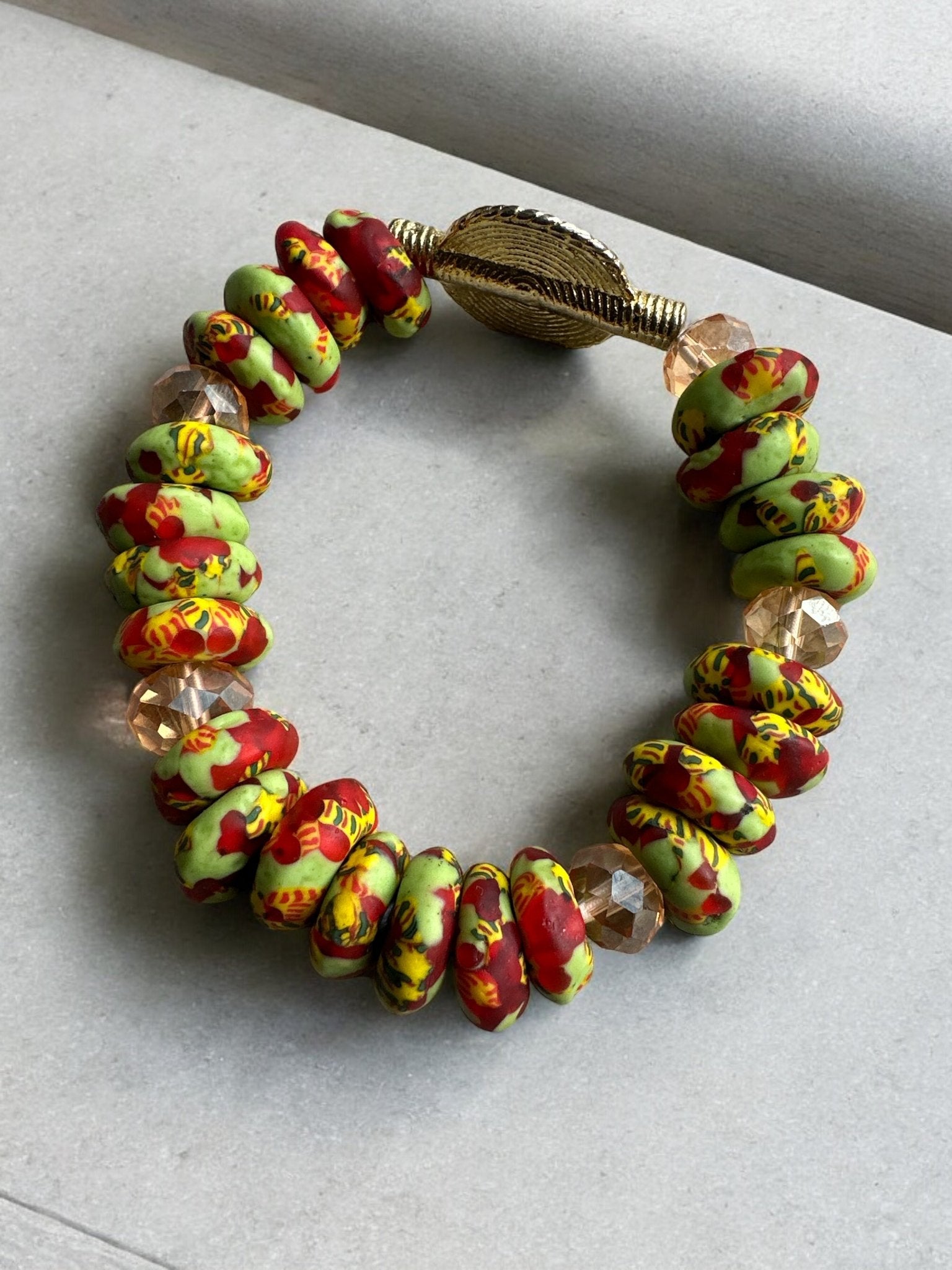 Authentic West Africa Green Multicolour Krobo Beads Brass Ethnic Bangle Bracelet - Fatisha Boutique