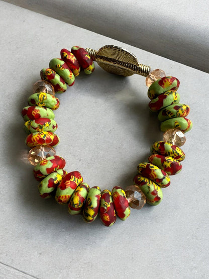 Authentic West Africa Green Multicolour Krobo Beads Brass Ethnic Bangle Bracelet - Fatisha Boutique